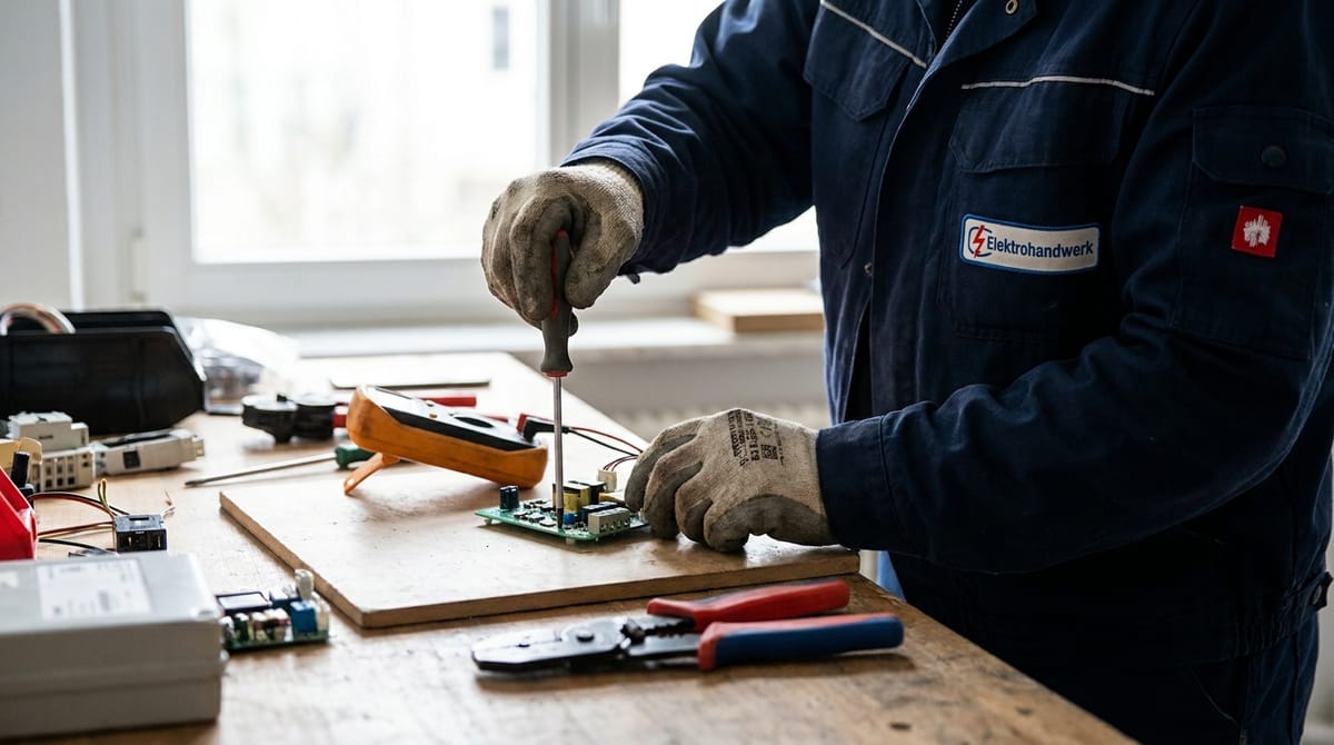 Elektriker arbeitet präzise an einem Kundengerät auf der Werkbank
