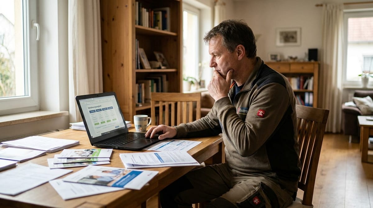 Elektriker vergleicht Versicherungsangebote am Laptop