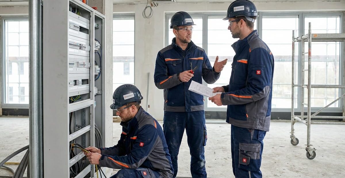 Team aus Elektrikern arbeitet gemeinsam an einer Elektroinstallation