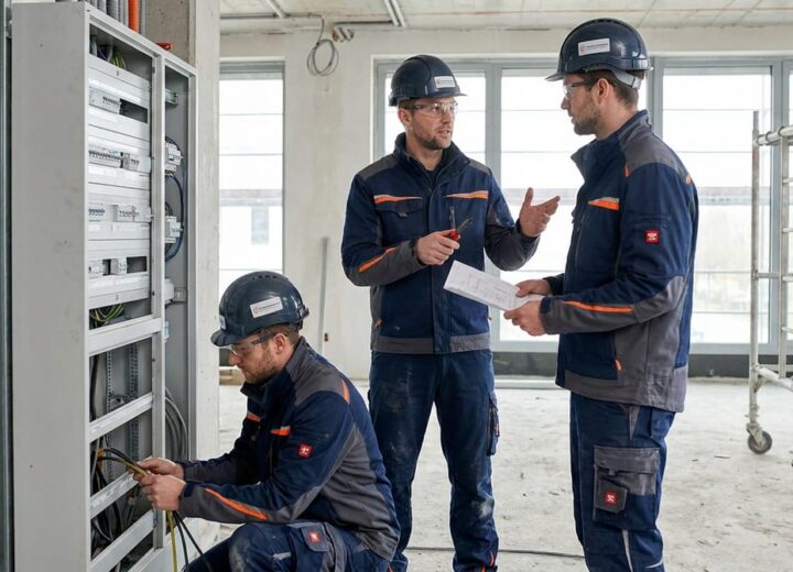 Team aus Elektrikern arbeitet gemeinsam an einer Elektroinstallation