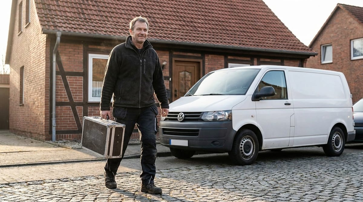 Selbstständiger Elektriker mit Werkzeugkoffer am Firmenwagen