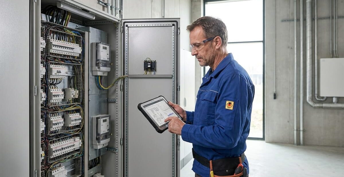 Elektriker am Verteilerschrank prüft Werte auf dem Tablet