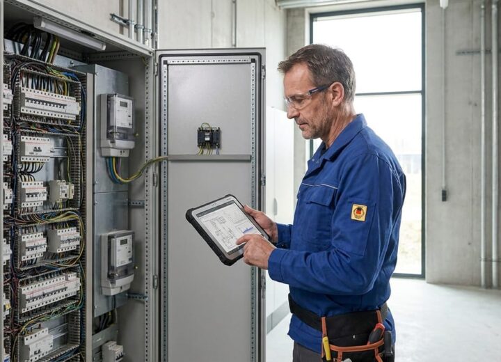 Elektriker am Verteilerschrank prüft Werte auf dem Tablet