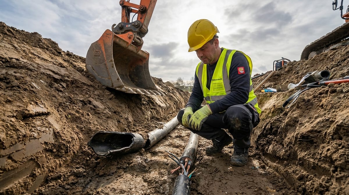 Elektriker prüft ein durchtrenntes Erdkabel im Baugraben