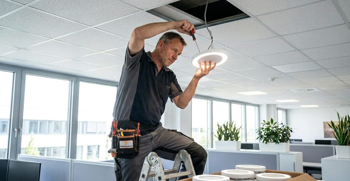 Elektriker tauscht ein defektes LED-Panel an der Bürodecke