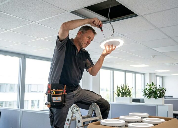 Elektriker tauscht ein defektes LED-Panel an der Bürodecke