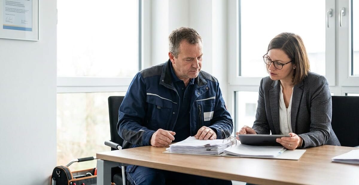 Elektriker bespricht Vertragsunterlagen mit einem Berater