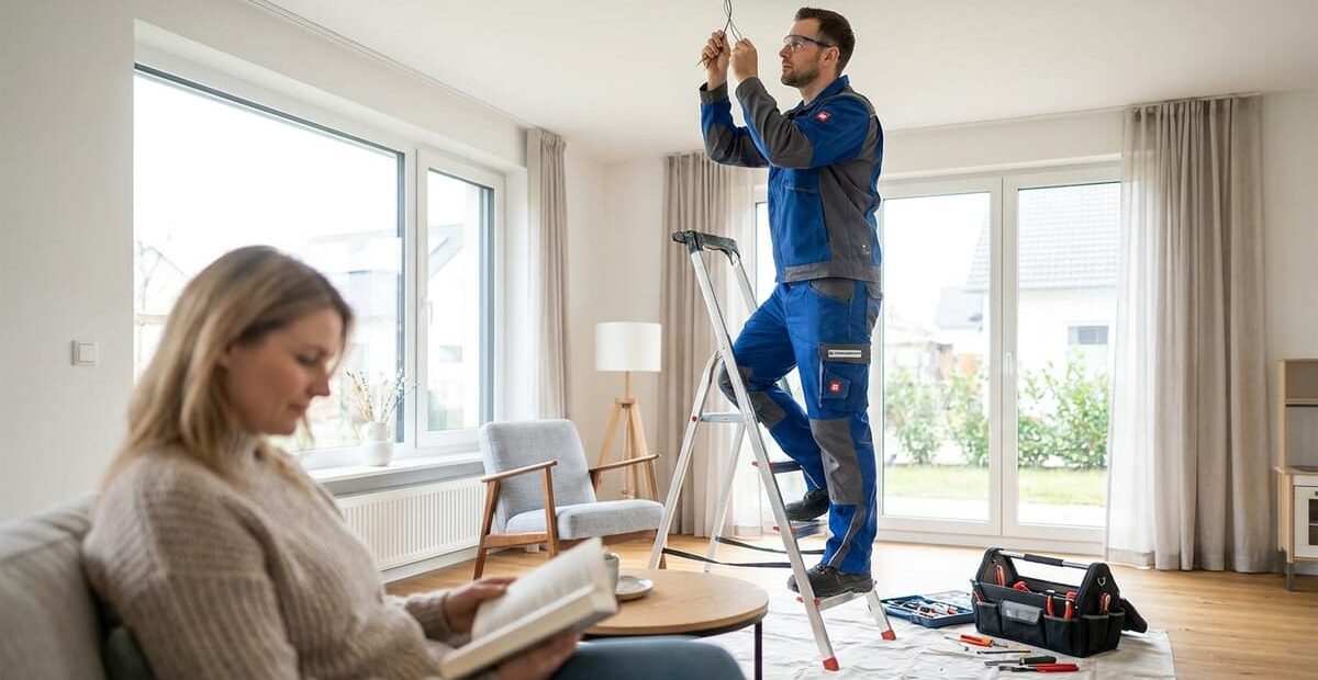Elektriker montiert eine Deckenleuchte im bewohnten Raum