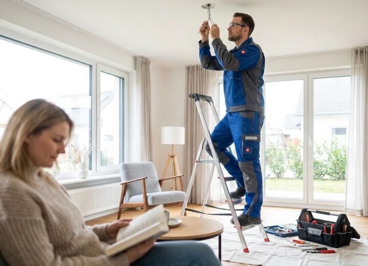 Elektriker montiert eine Deckenleuchte im bewohnten Raum
