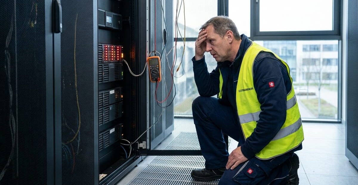 Elektriker vor einer stillstehenden Anlage nach einem Stromausfall