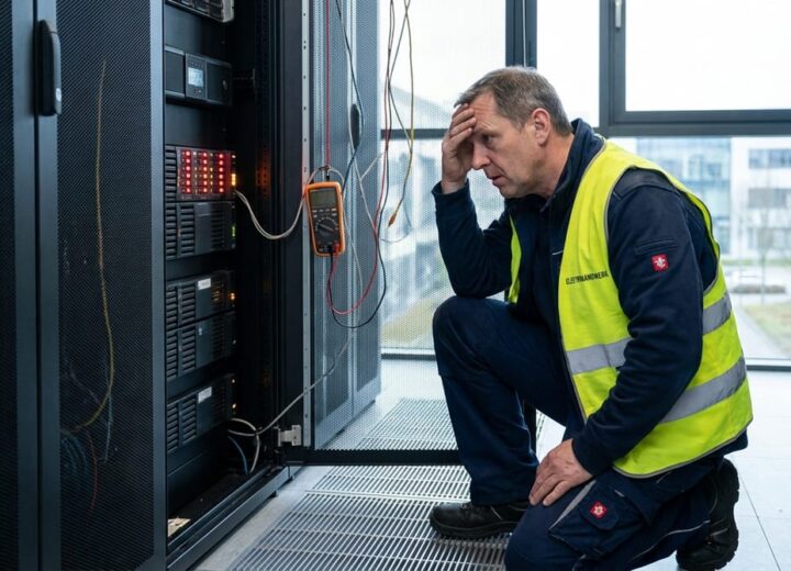 Elektriker vor einer stillstehenden Anlage nach einem Stromausfall