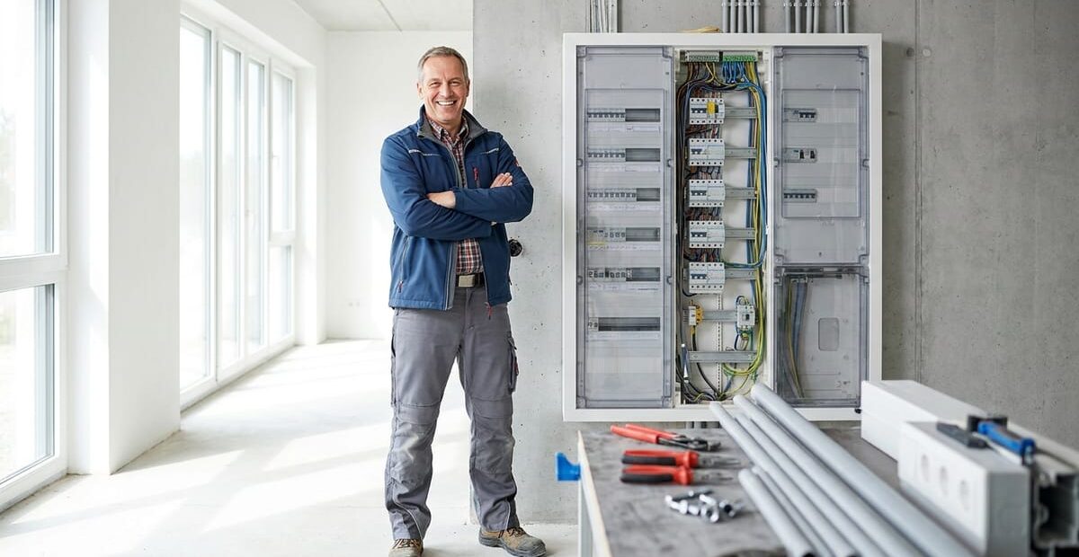 Elektriker vor einer fertigen Elektroinstallation im Neubau