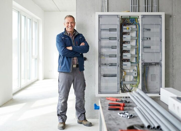Elektriker vor einer fertigen Elektroinstallation im Neubau